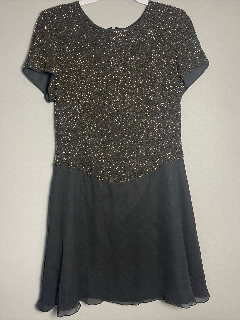 Vintage Bieff Basix Black Silk Beaded Cocktail Dress Gold Bead Party M